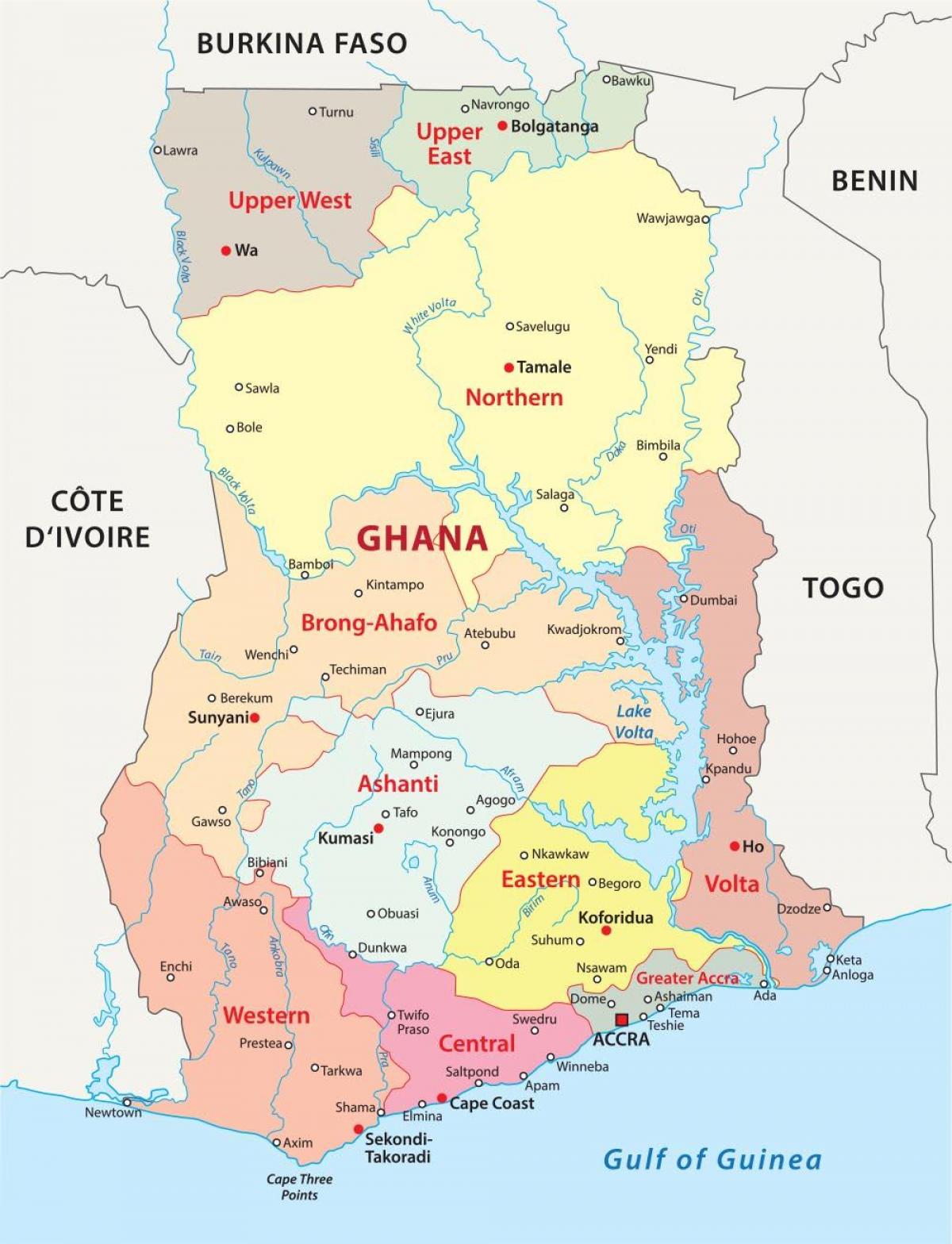 خريطة غانا تظهر المناطق